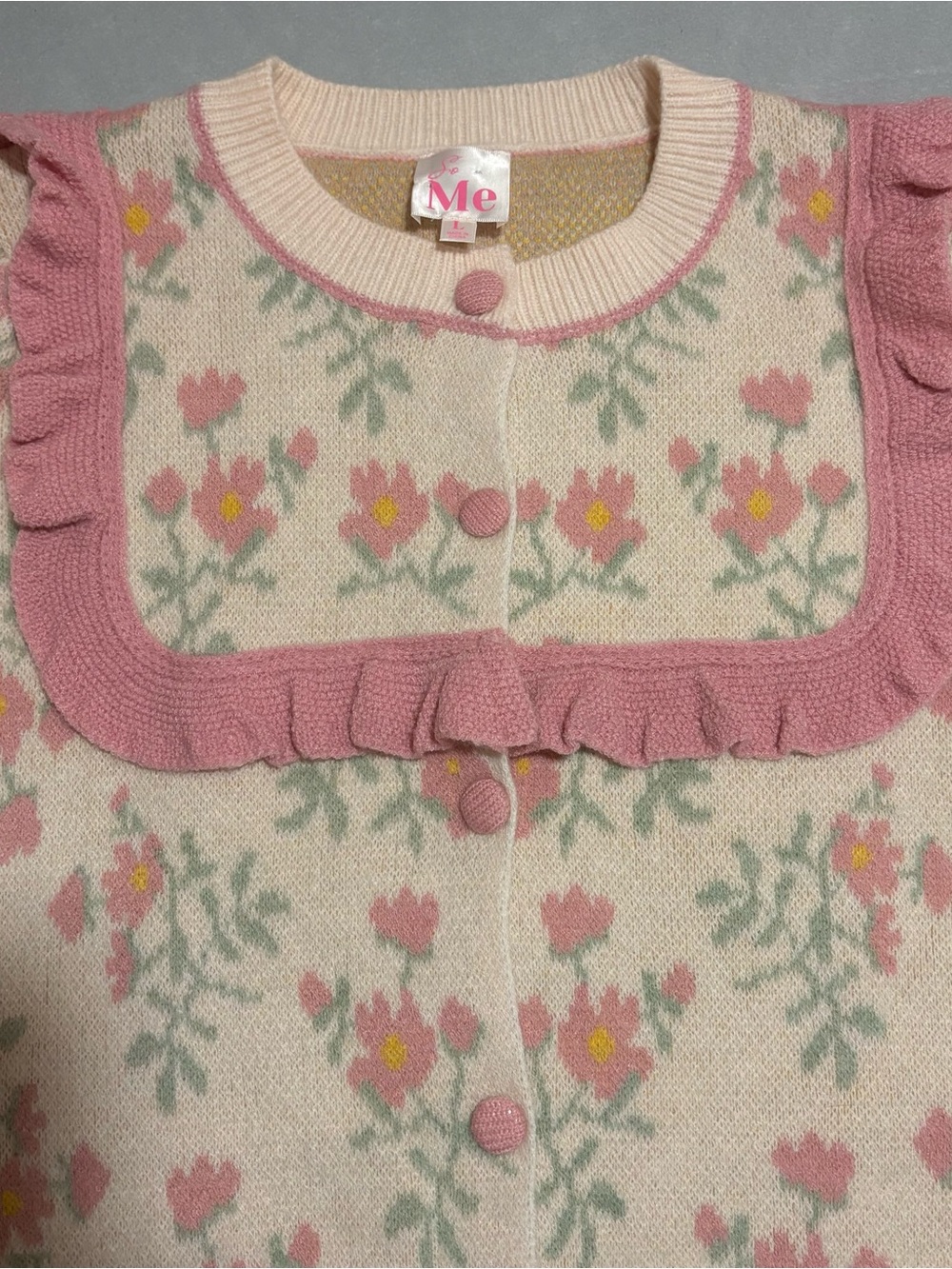 So Me L Pink Floral Ruffle Cardigan Coquette Cottagecore Puff Sleeve Sweater - Picture 5 of 15